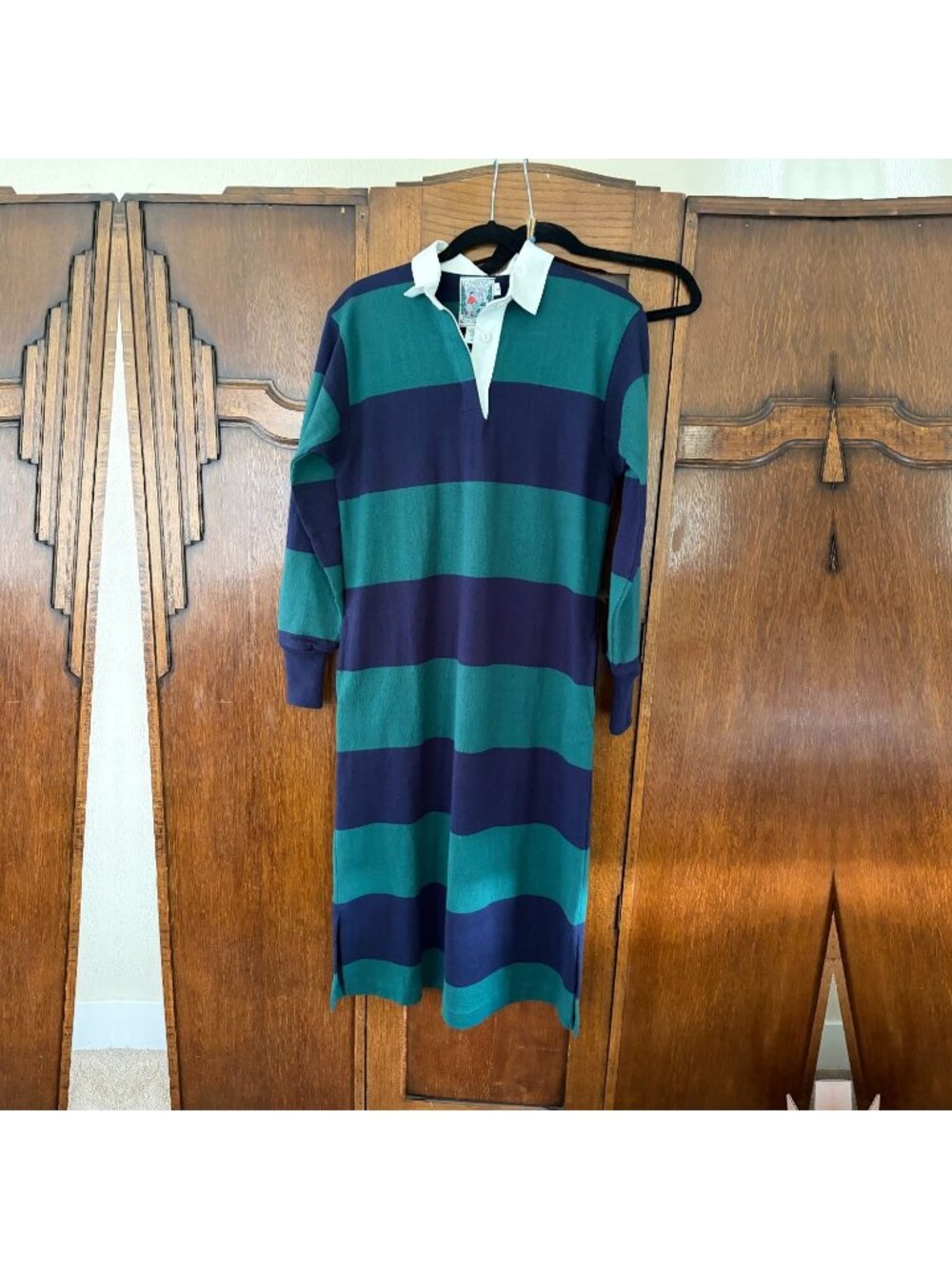 Vintage Thatcher & Cross Striped Rugby Dress - Green Navy Cotton Long Sleeve Siz